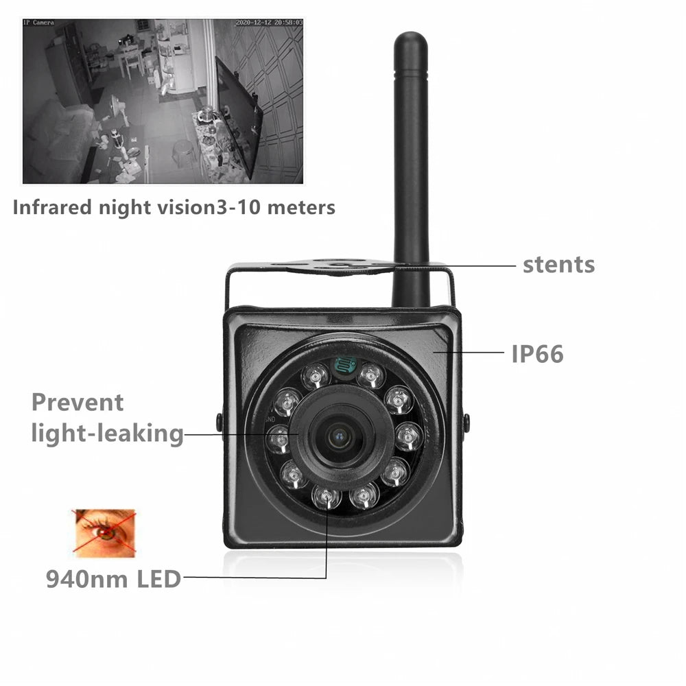 Black plastic IP66 security camera with antenna, mounting bracket, and infrared night vision LED lights.