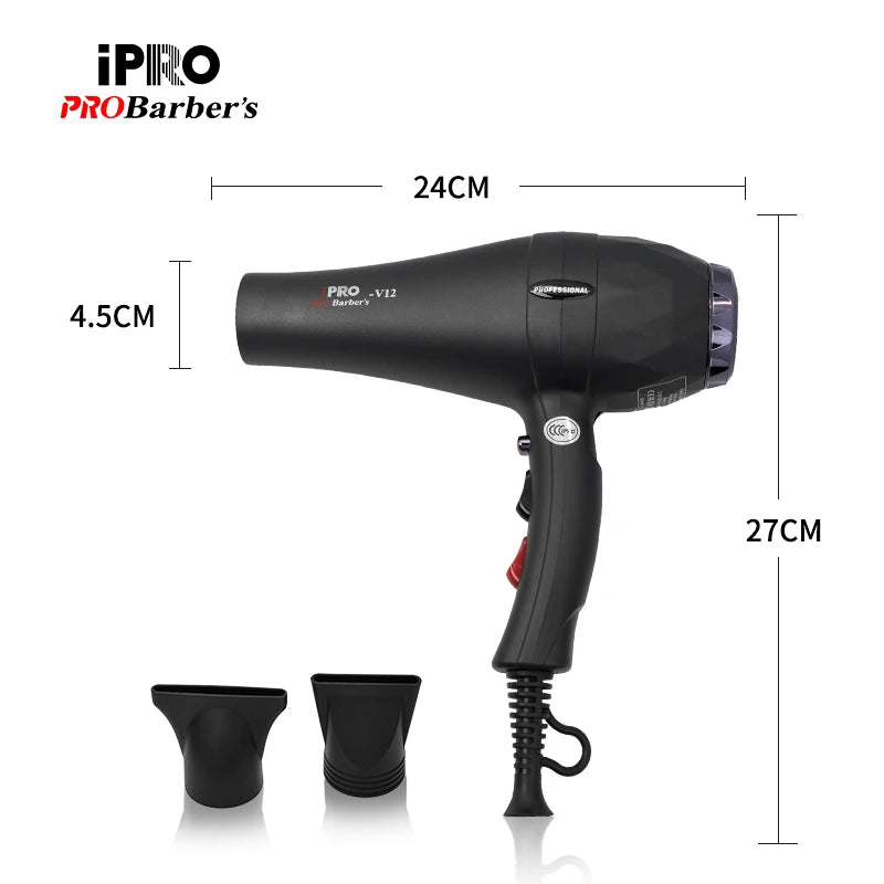 Matte black professional 2600W salon hair dryer with two styling concentrator nozzles and hanging loop.