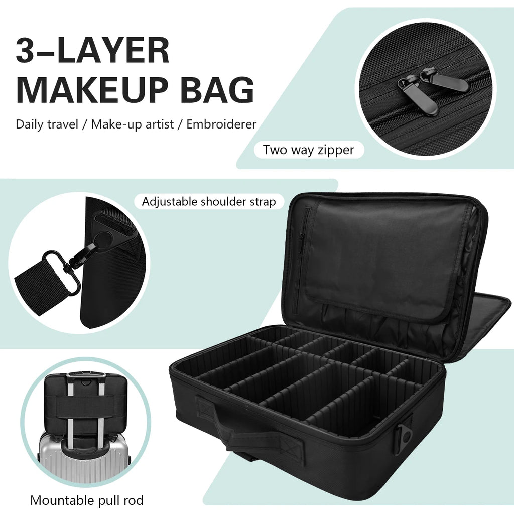 Black 3-layer professional barber tool bag featuring a two-way zip, adjustable shoulder strap, and luggage mount.