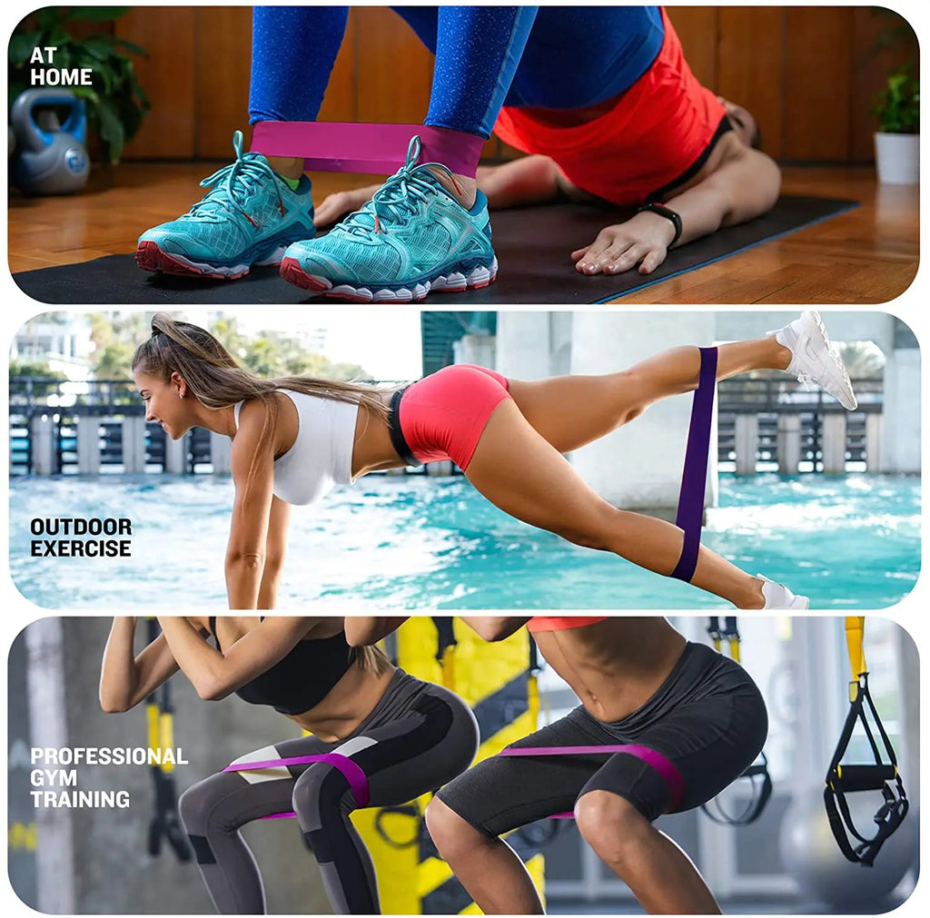 A collage showing people using colourful resistance bands for home, outdoor, and professional gym workouts.