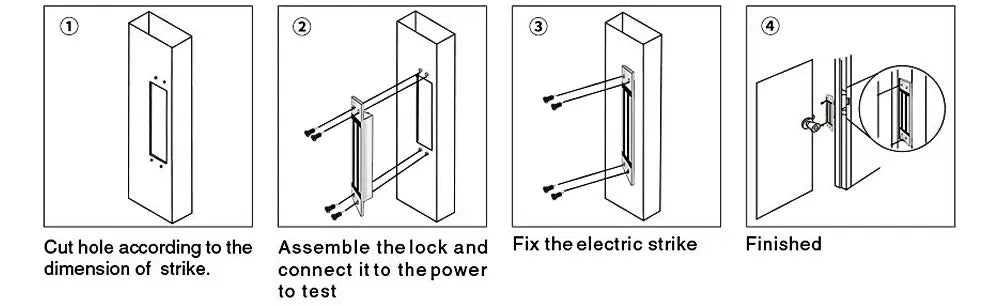 Black and white line drawing showing four steps for installing a silver metal electric door strike into a door frame.
