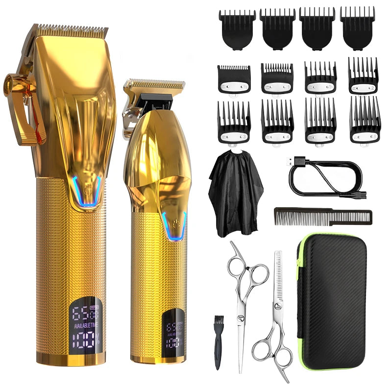 Gold rechargeable hair trimmer set with LED displays, multiple guard combs, scissors, cape, and a storage case.