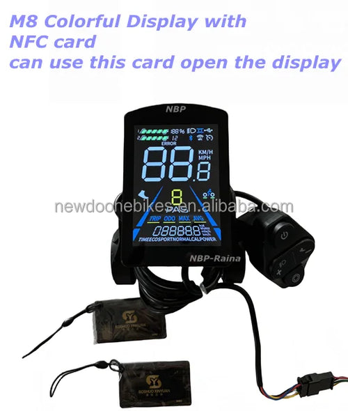 E-bike M8 colour display with wired control pad and two NFC unlocking cards against a plain white background.