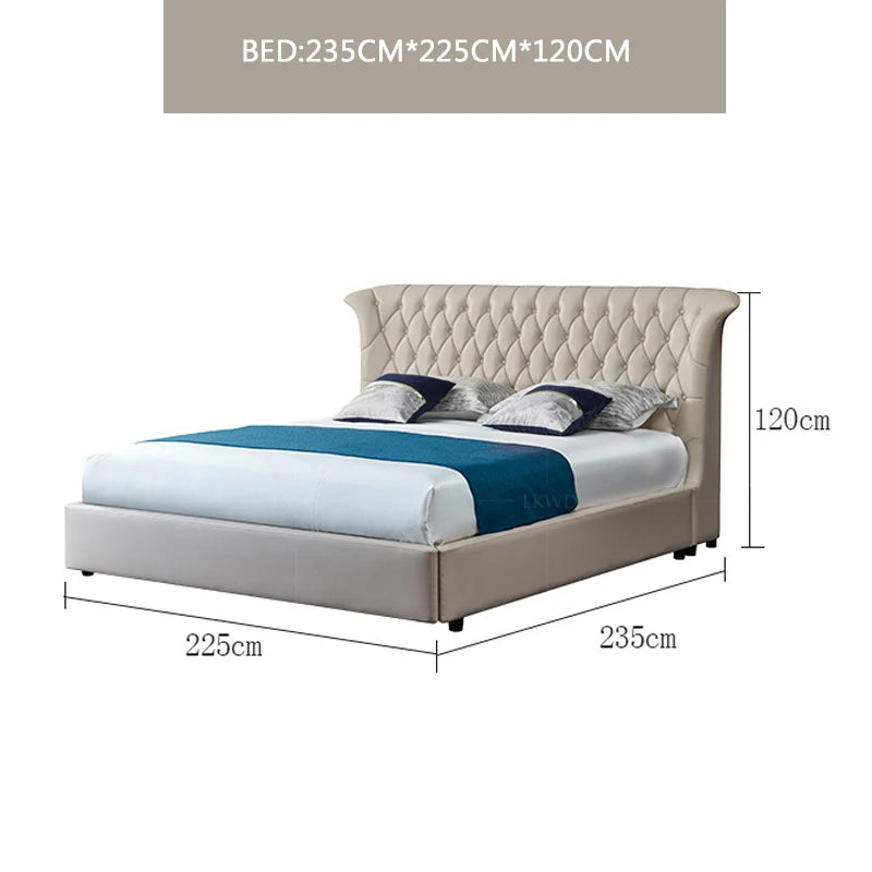 Luxury cream genuine leather double bed with a button-tufted, winged headboard and modern low-profile frame.