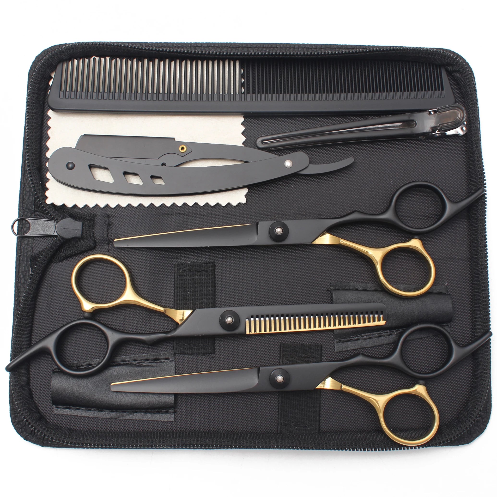 Professional 6-inch stainless steel hair thinning and cutting scissors set with gold handles in a black storage case.