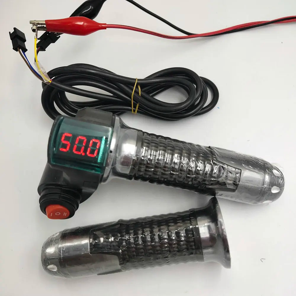 Black electric bike twist throttle with a red digital voltage display, switch, and textured grips on a white background.