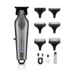 Sleek silver cordless hair clipper with six black attachment heads, charging cable, oil, and cleaning brush.
