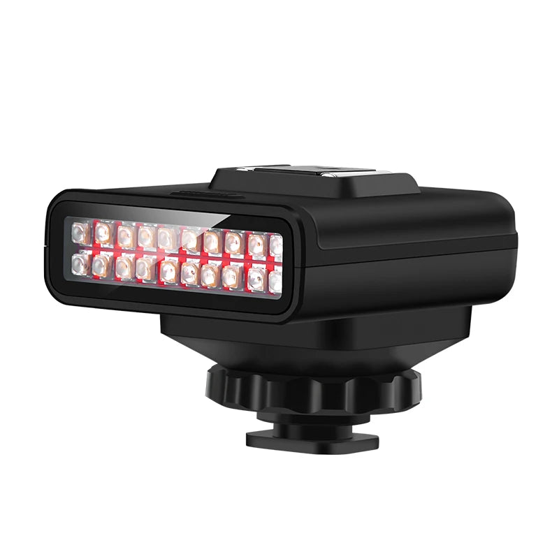 Black plastic LED camera mount light with two rows of rectangular bulbs and a cold shoe base.