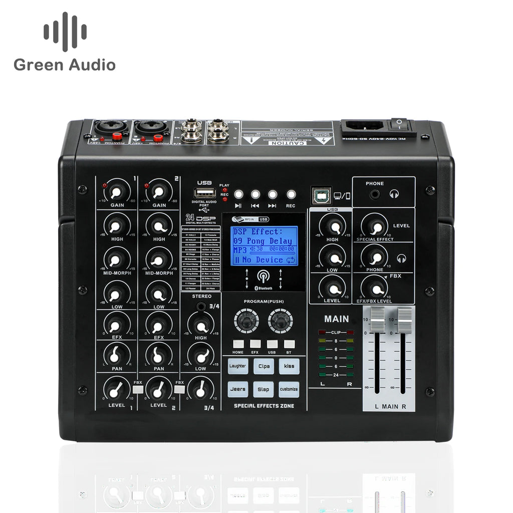 Black 4-channel audio mixer with LCD screen, control knobs, USB port, and sound effects pads for live broadcasting.