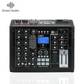 Black 4-channel audio mixer with LCD screen, control knobs, USB port, and sound effects pads for live broadcasting.