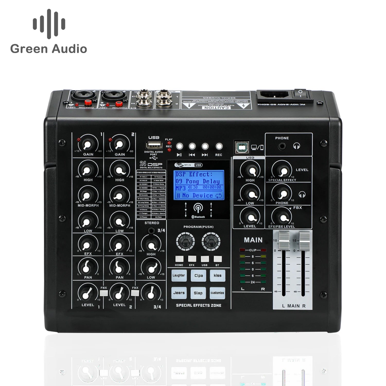 Black 4-channel audio mixer with LCD screen, control knobs, USB port, and sound effects pads for live broadcasting.