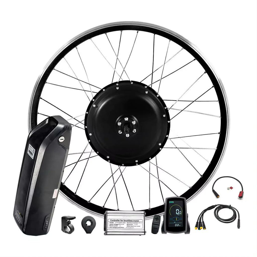 48V electric bike conversion kit featuring a black motor wheel, sleek battery pack, digital display, and controller.