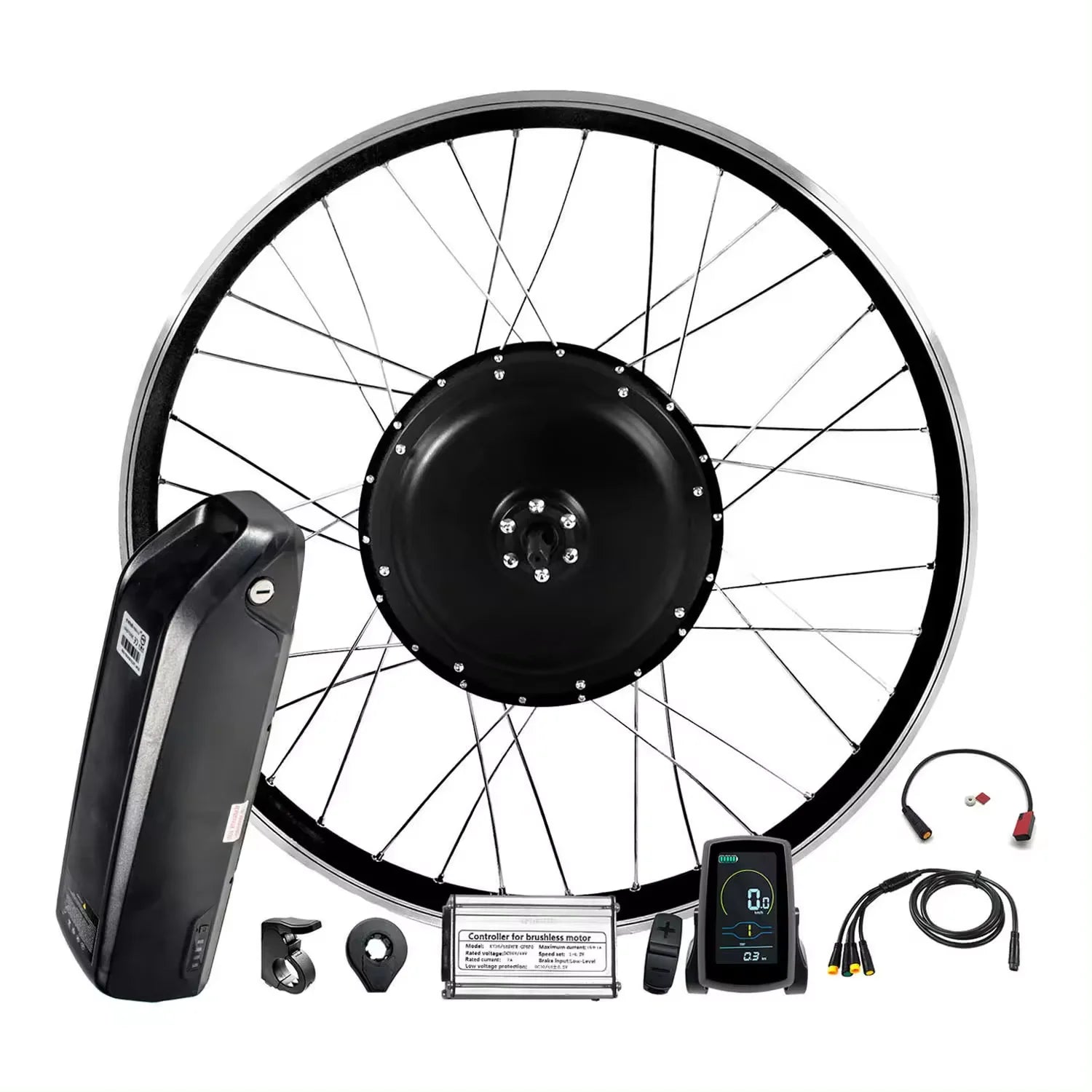 48V electric bike conversion kit featuring a black motor wheel, sleek battery pack, digital display, and controller.