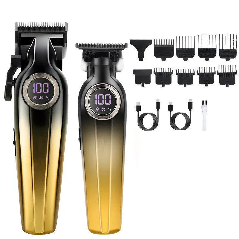Professional cordless hair clipper and trimmer set in a black-to-gold gradient finish with digital battery displays.