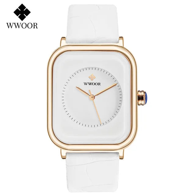 Ladies' elegant square watch with a white leather strap, gold-tone casing, and a minimalist white dial.
