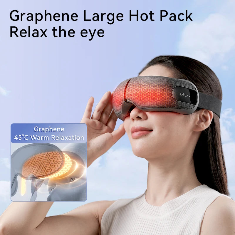 A woman wearing a sleek, grey heated eye compression massager that shows a glowing orange honeycomb heating pattern.