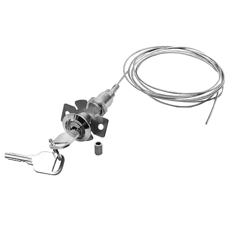 Silver metal cable lock with key, mounting bracket, and small ferrule, used for security.