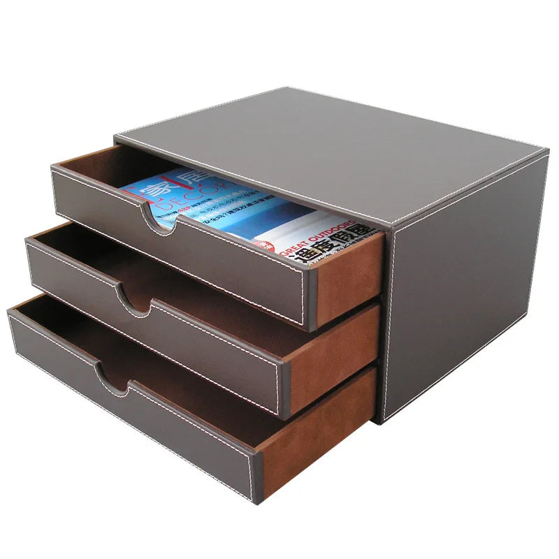 Business Office Leather Desktop File Cabinet, Three-Layer File Rack Frame, Practical A4 Data Storage Box