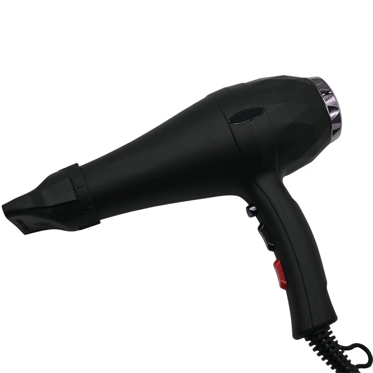 Professional black 2300W salon hair dryer with concentrator nozzle and easy-to-use speed and temperature controls.