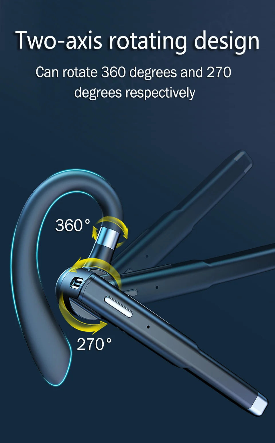 Sleek black wireless Bluetooth earphone with a two-axis design, featuring 360-degree and 270-degree rotation.