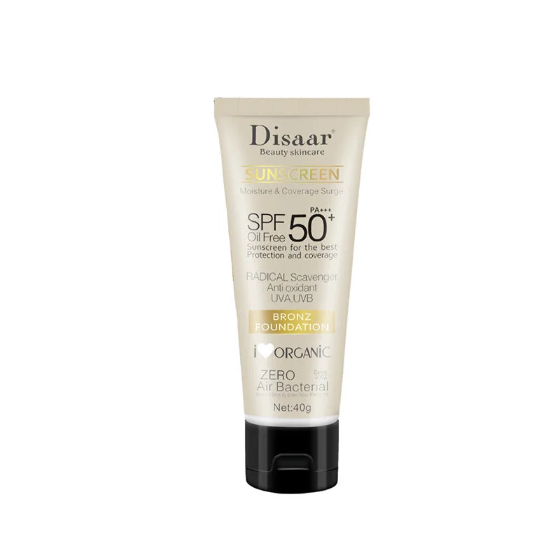 Beige 40g tube of SPF 50 oil-free tinted sunscreen and foundation with UVA/UVB protection and a black flip-top cap.