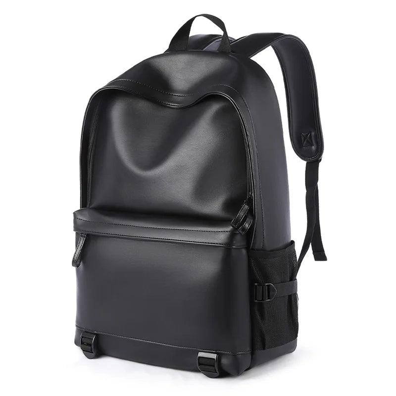 Black PU leather laptop backpack with a sleek design, front zip pocket, side mesh pouch, and padded shoulder straps.