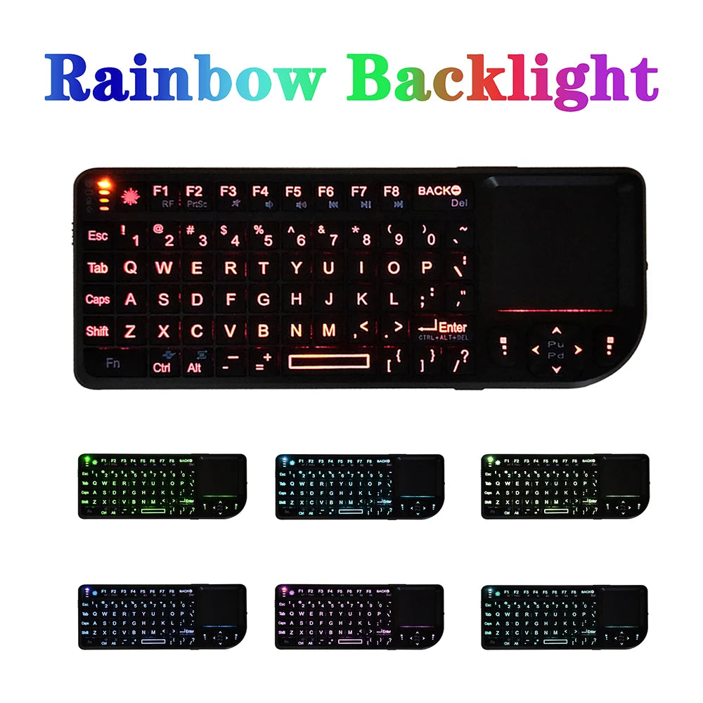 Black plastic mini wireless keyboard with integrated touchpad and multi-color rainbow LED backlight.