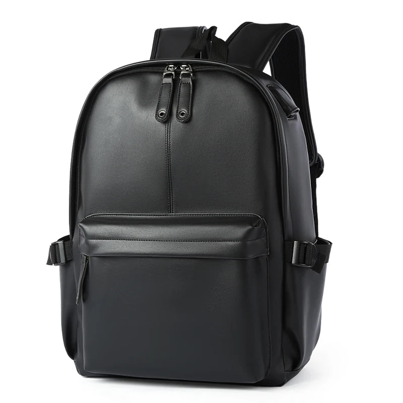 Smart black PU leather laptop backpack with a sleek, minimalist design, front pocket, and adjustable straps.
