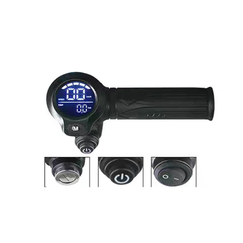 Black electric bike twist throttle with integrated LED display, key ignition, and power buttons.