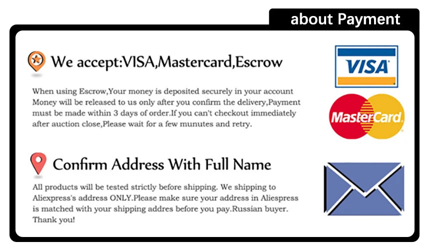 Informational graphic detailing accepted payment methods (Visa, Mastercard, Escrow) and shipping address requirements.