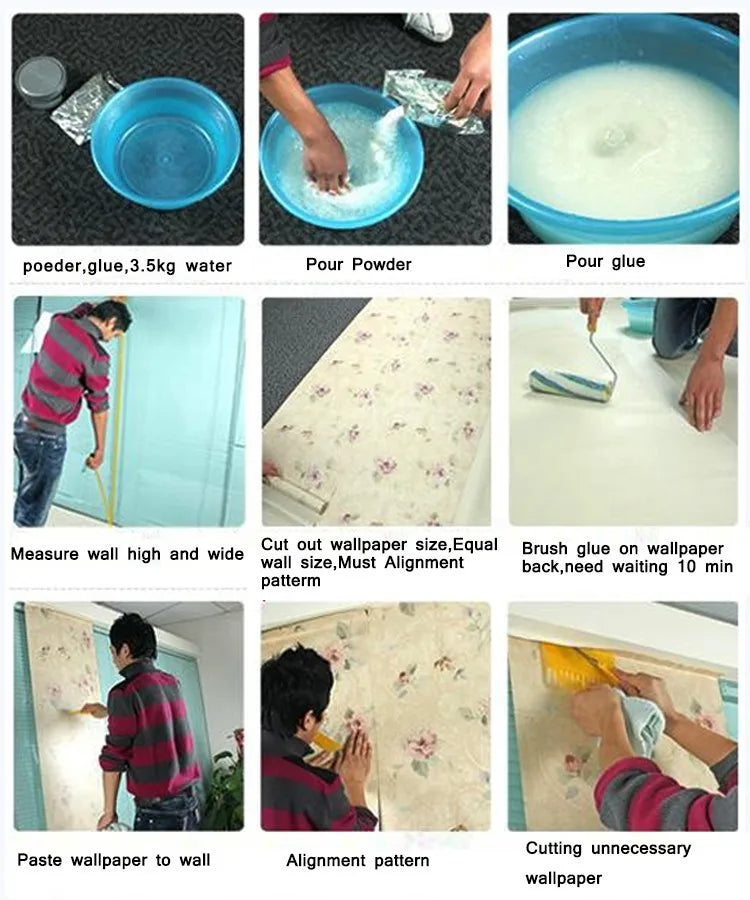 Step-by-step guide showing how to prepare, measure, and apply floral patterned wallpaper to a wall.