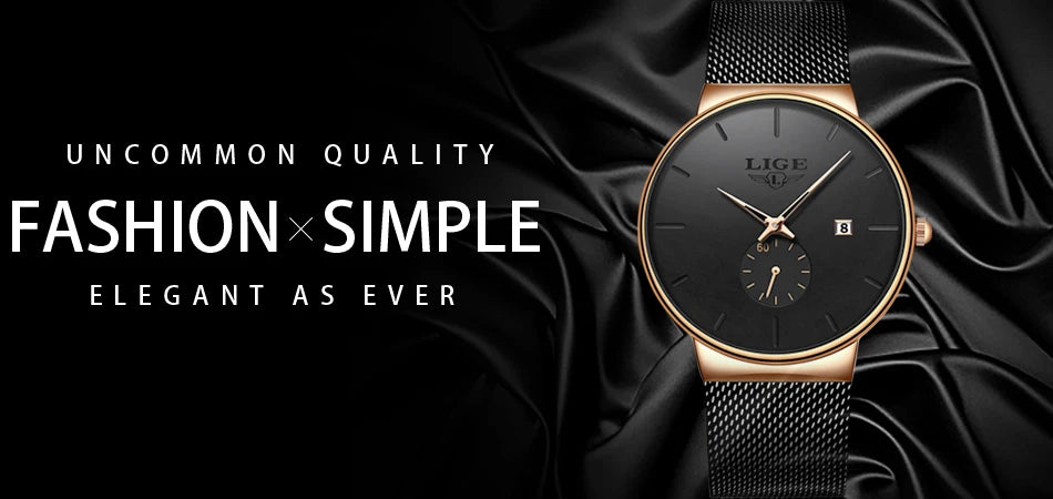 Elegant ultra-thin women’s watch with a black dial, rose gold casing, and a black stainless steel mesh strap.