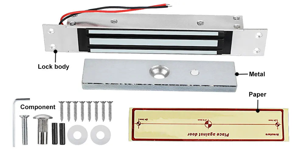 Silver metal electromagnetic door lock kit with mounting screws, hardware components, and a paper installation template.