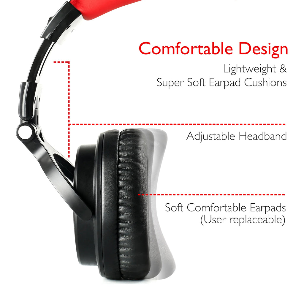 Black wireless headphones with a red headband, adjustable frame, and soft, replaceable black earpad cushions.