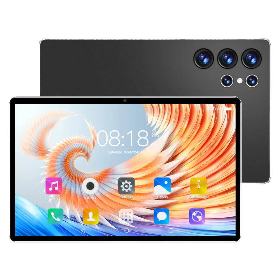 Black 10.1-inch Android tablet shown from front and back, featuring a colourful screen and triple-lens rear camera.