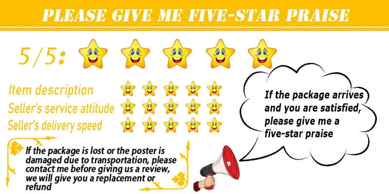Yellow and white customer review request graphic featuring smiling stars and text asking for five-star feedback.