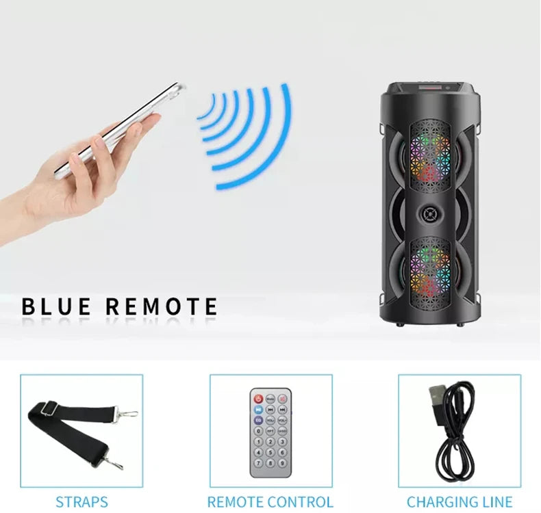Black portable Bluetooth speaker with multicoloured LED light speakers, remote control, carry strap and charging cable.