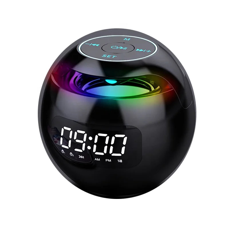 Black spherical Bluetooth speaker with a digital alarm clock display and colourful LED accent lighting on top.