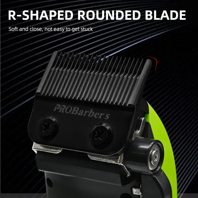 Professional hair clipper head with a black R-shaped rounded blade for precise, snag-free cutting against a lime back.