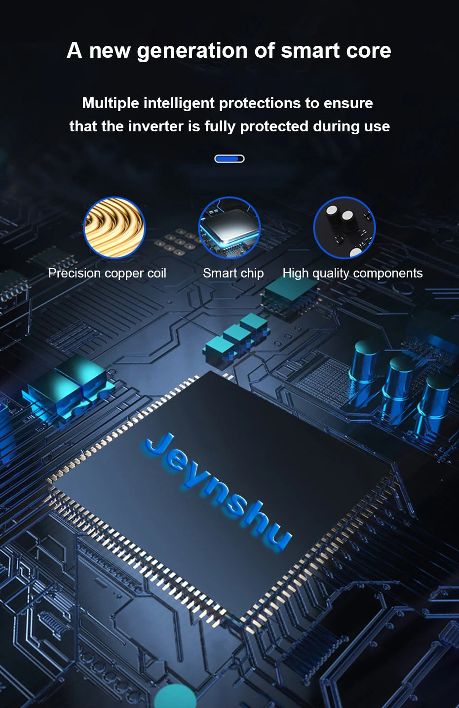 Blue circuit board detail with precision copper coil, smart chip, and high-quality internal power inverter components.