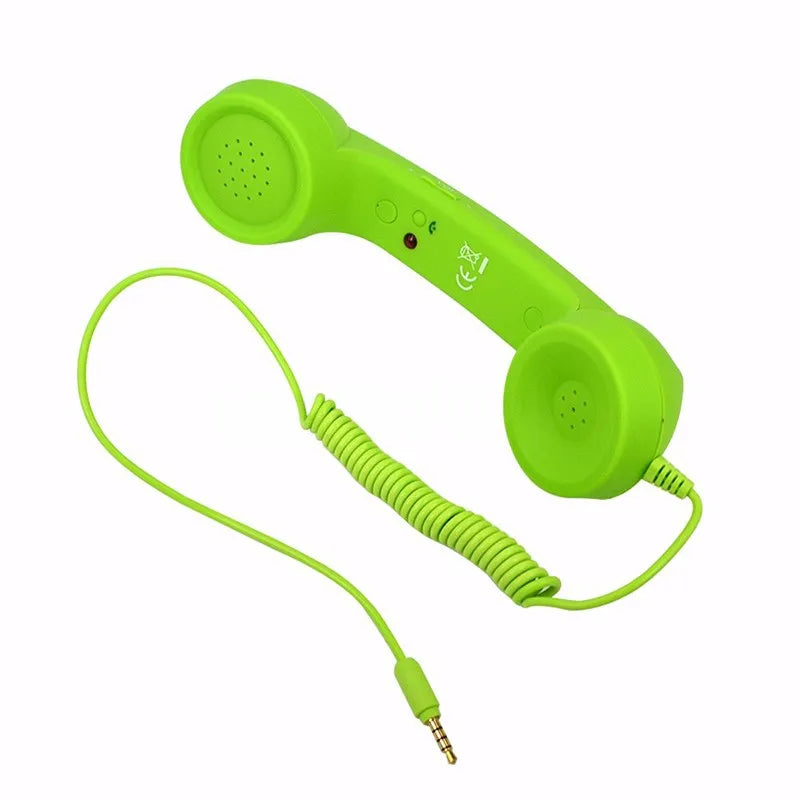 Bright green retro-style phone handset with a coiled cord and 3.5mm jack connector.