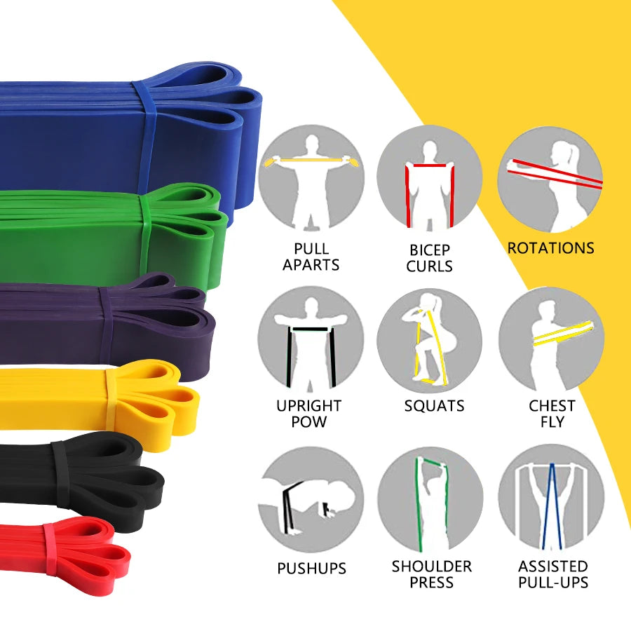 Set of colourful resistance bands with icons illustrating various exercises, including squats and pull-ups.