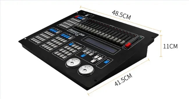 Black professional 512 DMX lighting controller with faders, control buttons, LCD screen, and two circular dials.