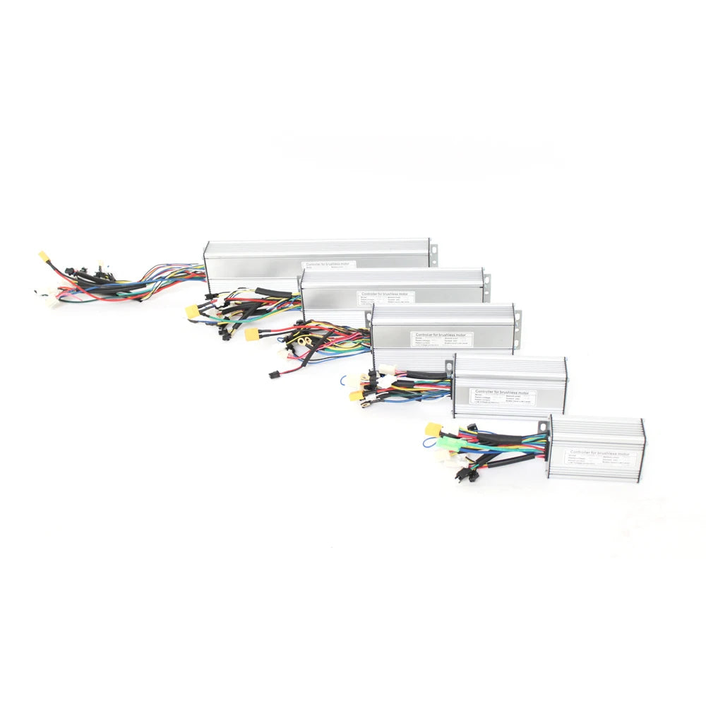 Five silver rectangular RisunMotor e-bike brushless controllers of varying sizes with multi-colored wiring harnesses.