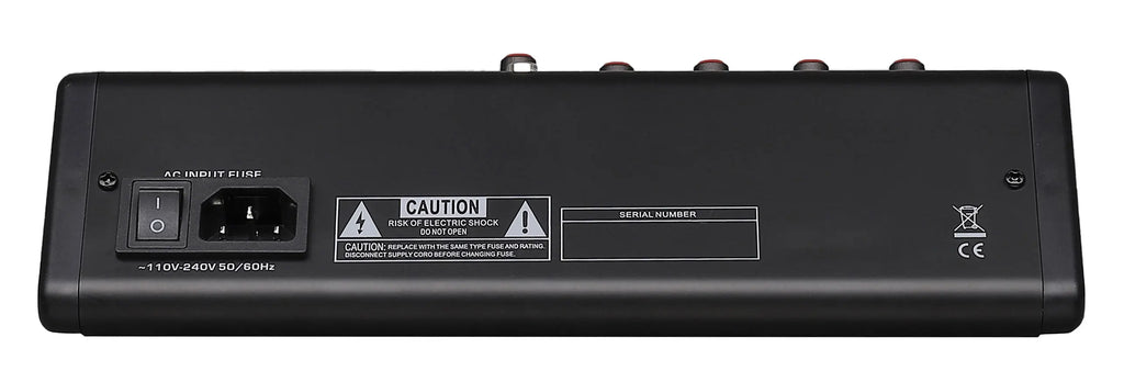 Rear view of a black 6-channel audio mixing console showing the power switch, power input, and safety labels.