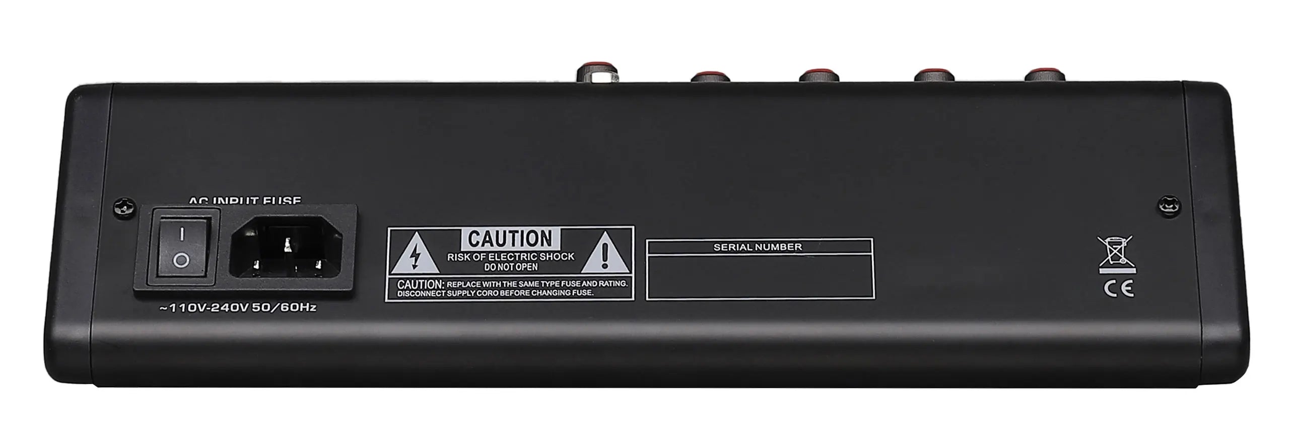 Rear view of a black 6-channel audio mixing console showing the power switch, power input, and safety labels.
