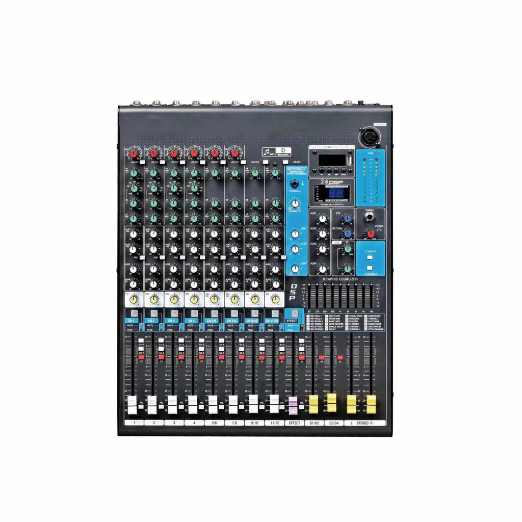 Black 14-channel audio mixer with colourful rotary knobs, faders, digital display, graphic equaliser and USB interface.