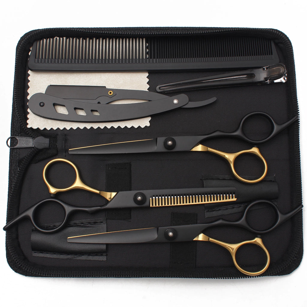 Professional hair cutting and thinning scissors set in matte black with gold handles, stored in a black zip case.