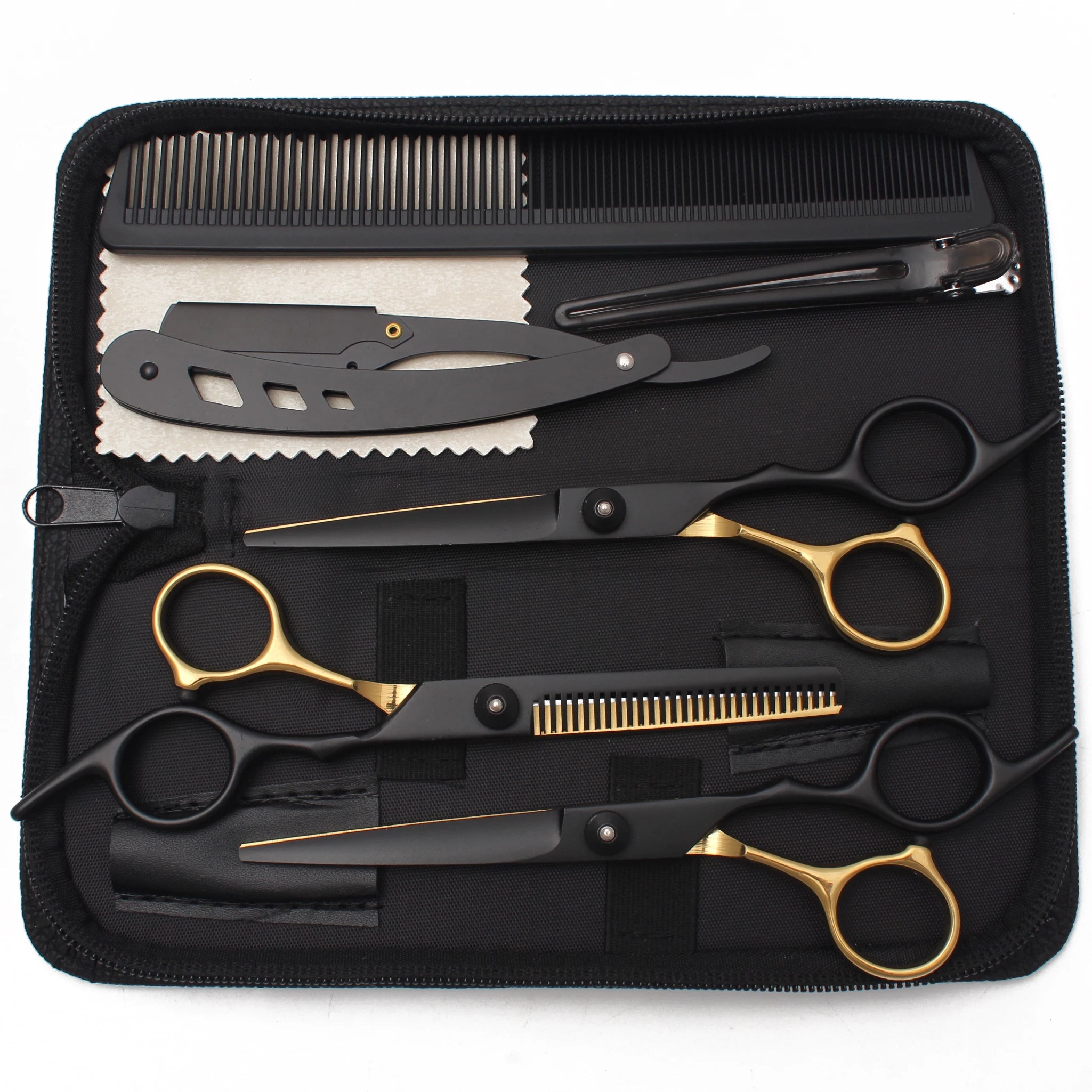 Professional hair cutting and thinning scissors set in matte black with gold handles, stored in a black zip case.