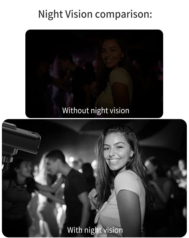 Comparison of a dark photo and a clear black-and-white photo taken by a matte black security camera.